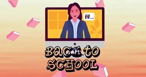 Animation of text back to school over falling books and computer with woman Stock Footage 329163943