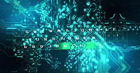 Animation of text flickering and computer circuit board with data processing Stock Footage 329288875