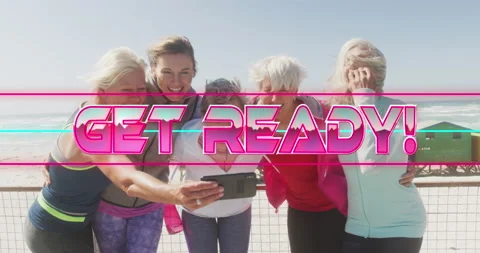 Animation of text get ready, in shiny pink, with happy women embracing taking Stock Footage 156585706