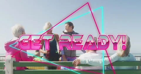 Animation of text get ready, in shiny pink, over women talking on beach Stock Footage 156690282