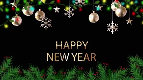 Animation text HAPPY NEW YEAR with balls on black background for template. Stock Footage 221121938
