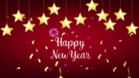 Animation text HAPPY NEW YEAR with gold stars frame and red background. Stock Footage 256384588
