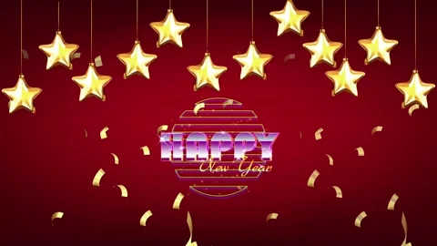 Animation text HAPPY NEW YEAR with gold stars frame and red background. Stock Footage 256384748
