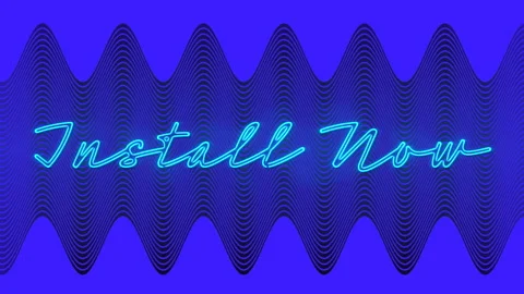 Animation of text, install now, in blue neon, with moving parallel wavy lines on Stock Footage 156690018