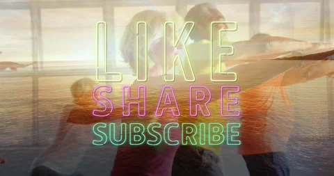 Animation of like text over diverse senior people practicing yoga Stock Footage 328969496