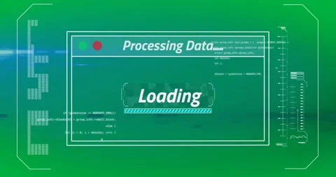 Animation of text processing data and loading, with time bar on blue computer Stock Footage 324846262