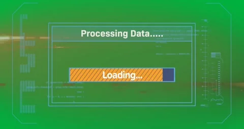 Animation of text processing data and loading, with time bar on orange computer Stock Footage 324947621