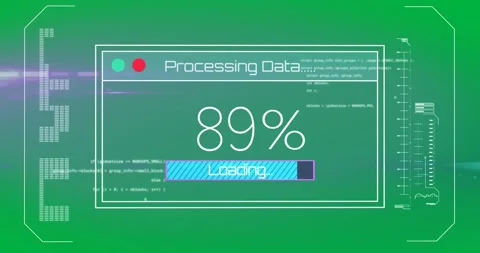 Animation of text processing data and loading, with time bar and percentage on Stock Footage 325178728