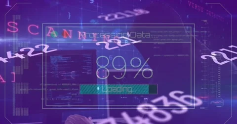 Animation of texts, changing numbers and loading bar over computer language on Stock Footage 238061038