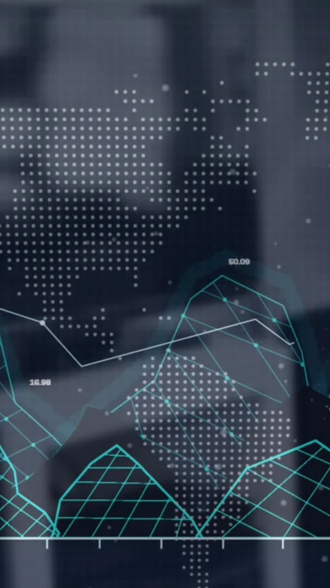 Animation of texts, graphs, changing numbers, globe, map over unoccupied chairs Stock Footage 342650800