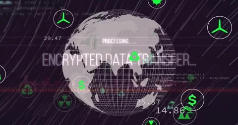 Animation of texts, icons, computer language and rotating globe over black Stock Footage 328834567