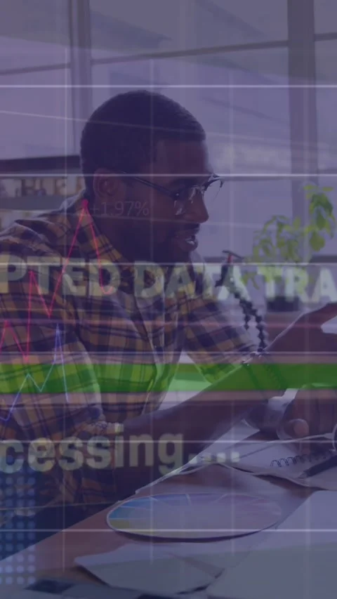 Animation of texts, loading bar, graphs, computer language, diverse coworkers Stock Footage 319223014