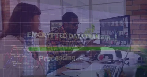 Animation of texts, loading bar, graphs, computer language, diverse coworkers Stock Footage 326192818