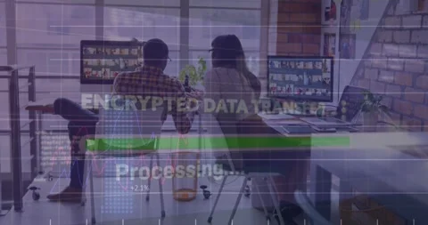 Animation of texts, loading bars, graphs, computer language, diverse coworkers Stock Footage 248281504