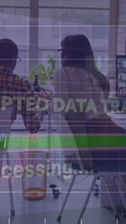 Animation of texts, loading bars, graphs, computer language, diverse coworkers Stock Footage 344774976