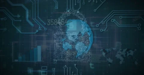 Animation of texts, numbers, graph, dots forming padlock, rotating globe, Stock Footage 330732183