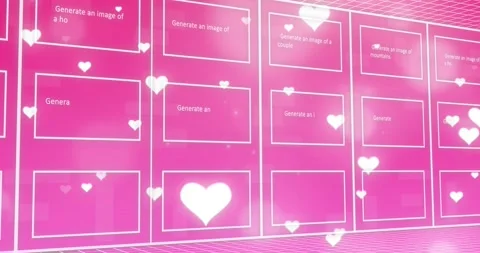 Animation of texts, pictures in rectangle with falling heart shapes and binary Stock Footage 257102824