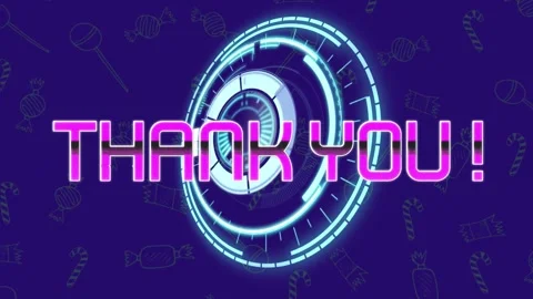 Animation of thank you text over scope scanning and candy icons on blue 库存影片 327963811