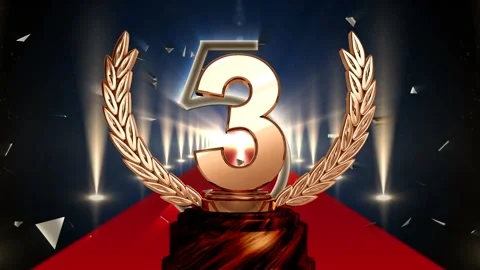 Animation of third place award trophy at floodlit, red carpet winners' prize 스톡 동영상 171353882