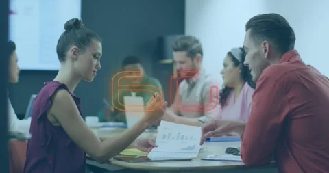 Animation of three connected over media icons over staff using computers and Stock Footage 327445732