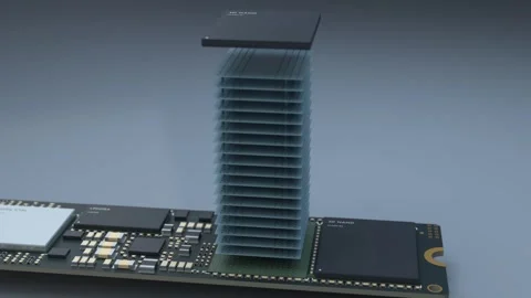 Animation of the three-dimensional stacking structure of solid-state drive flash Stock Footage 347636414