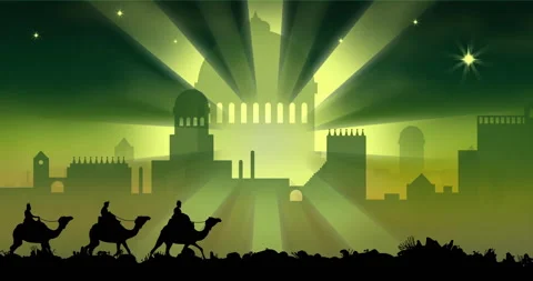Animation of three kings on camels over christmas bethlehem on green background Stock Footage 309500630
