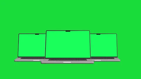 Animation Three Laptop Computers with Green Screen Displays Isolated Stock Footage 342167663