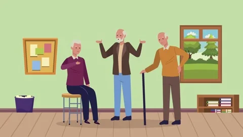 Animation of three senior men having conversation inside living room showin.. Stock Footage 339066086