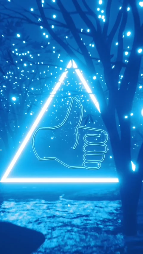 Animation of thumb up like symbol and blue neon triangle over blue trees and 스톡 동영상 323897675