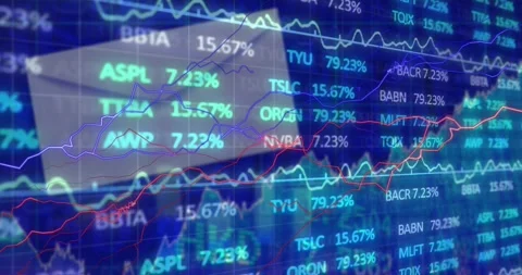 Animation of thunder effect over stock market data processing against blue Stock Footage 329031822