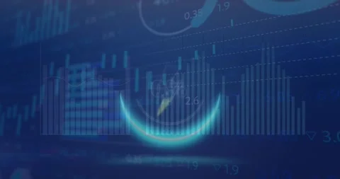 Animation of thunder icon in circle over multiple graphs and trading board on Stock Footage 247124487