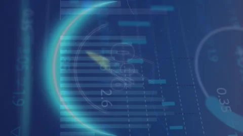 Animation of thunder icon in circle over multiple graphs and trading board on Stock Footage 314124836
