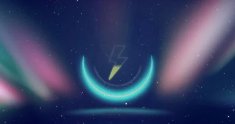 Animation of thunder icon over light trails and stars Stock Footage 309169655