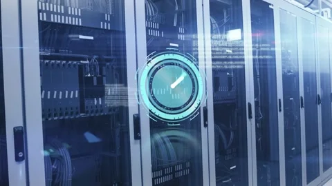 Animation of ticking clock and data processing against computer server room Video stock 325964201
