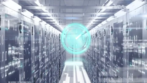 Animation of ticking clock and data processing against computer server room Stock Footage 327357989