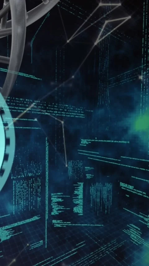 Animation of ticking clock and spinning dna structure against data processing Stock Footage 321111642
