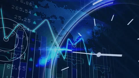 Animation of ticking clock and stick market data processing over world map Stock Footage 329926198