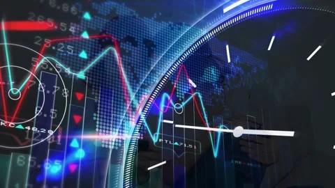 Animation of ticking clock and stock market data processing against world map Stock Footage 330664203