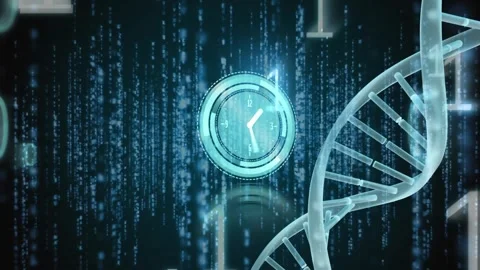 Animation of ticking clock, dna structure, binary coding and glowing light Stock Footage 327525939