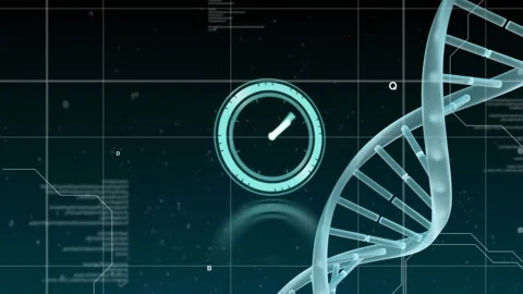 Animation of ticking clock, dna structure, data processing over grid network on Stock Footage 327707888
