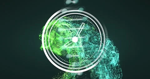 Animation of ticking clock icon, spinning dna structure and gradient digital Stock Footage 326186861