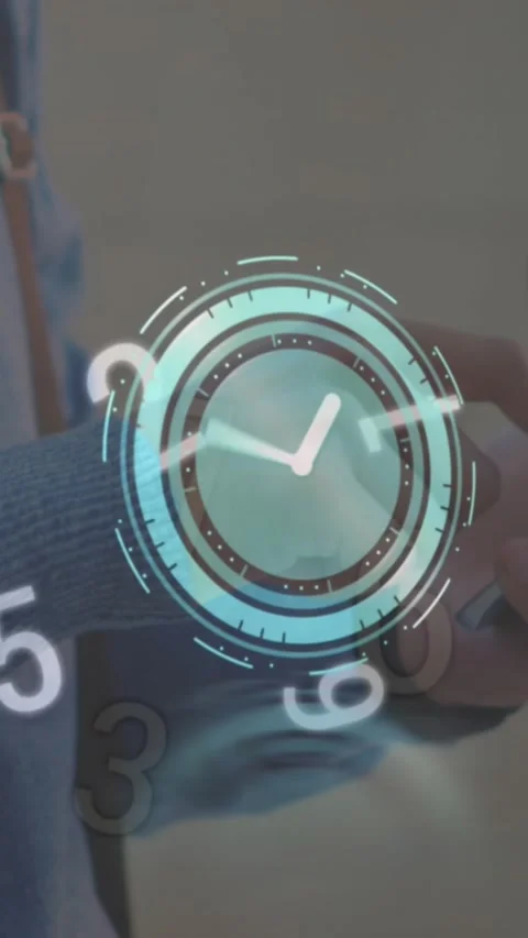 Animation of ticking clock over changing numbers against mid section of man Stock Footage 344557296