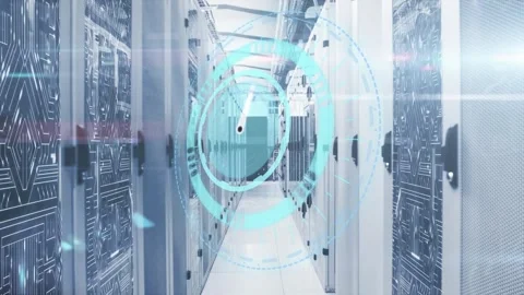 Animation of ticking clock over round scanner against microprocessor connections Video stock 327644186