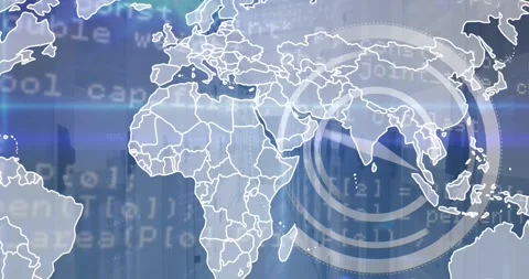 Animation of ticking clock, world map and data processing against empty computer Stock Footage 329168862