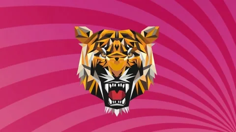 Animation of tiger face icon against radial rays in seamless pattern on pink Stock Footage 236433434