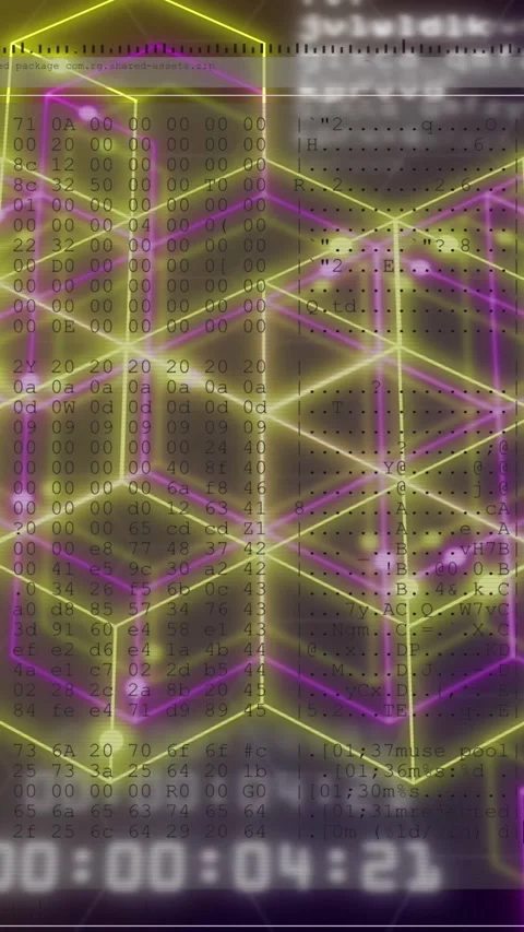 Animation of timer, changing numbers and moving dots over glowing hexagons on Stock Footage 342033896