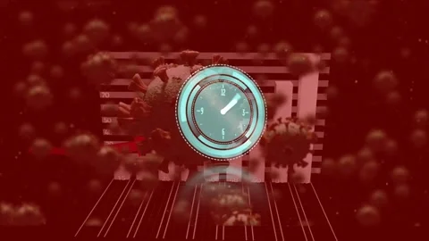 Animation of timer spinning over bar graph growing amidst floating corovirus Stock Footage 328588063