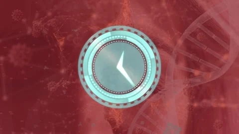 Animation of timer spinning over dna helix, dots connecting with lines and virus Stock Footage 327007505