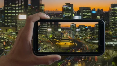 Animation of Touchscreen Smart Phone record video on time lapse. at sunset Stock Footage 139782708