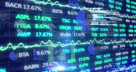 Animation of trading board and binary codes over graphs, globe and computer Stock Footage 330344499